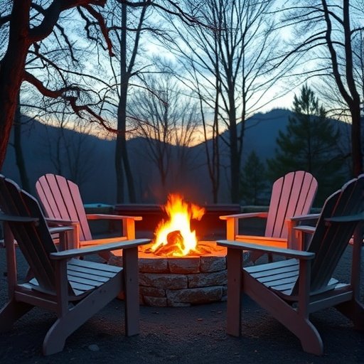 Fire pit with flames surrounded by Adirondack chairs in a backyard setting