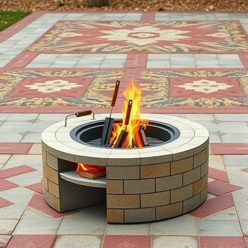 A round fire pit made of stone with a built-in grill feature, surrounded by a patterned patio.