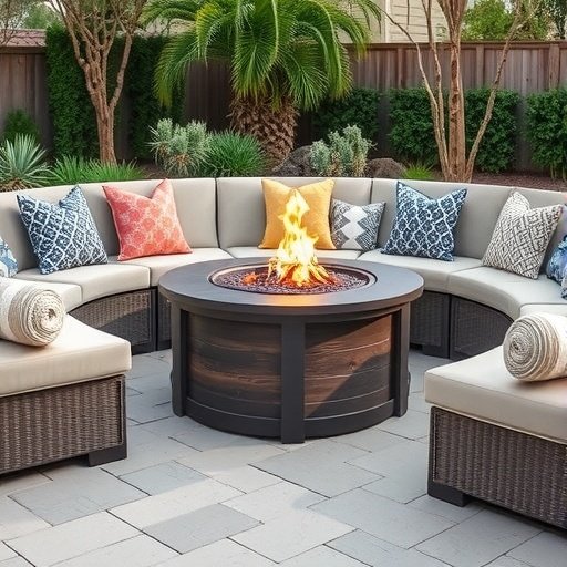 A backyard with a circular seating arrangement around a fire pit, featuring colorful pillows and a lush green backdrop.