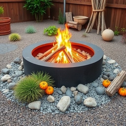 A backyard fire pit surrounded by decorative gravel, with logs and small plants.