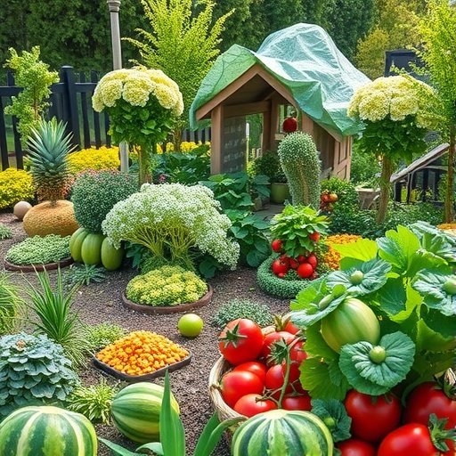 A vibrant edible landscape featuring various plants and vegetables, including tomatoes, melons, and decorative elements.
