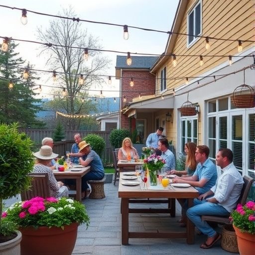 Outdoor patio with friends dining under string lights and vibrant flower pots.