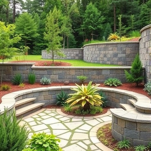 A landscaped area featuring stone seating, steps, and greenery.