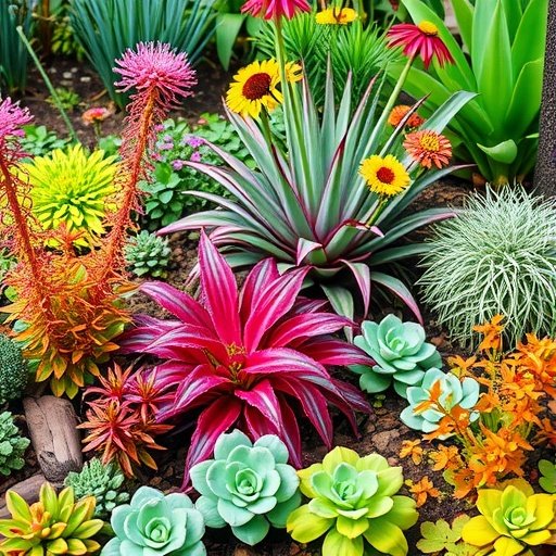 A colorful garden filled with various native plants and succulents.