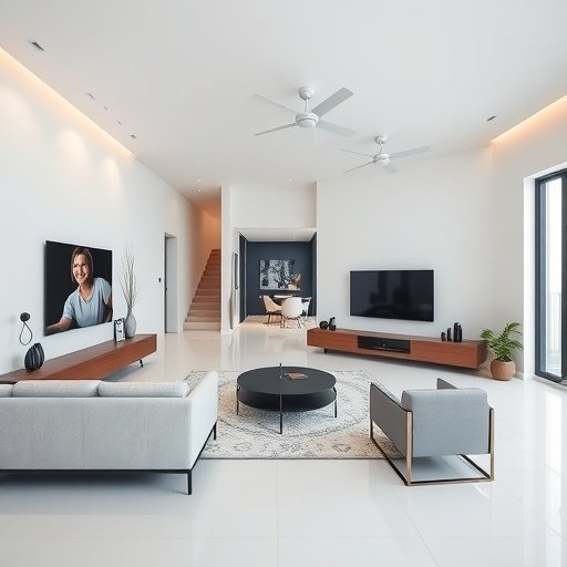 Modern open-concept living room featuring integrated technology and minimalist design.