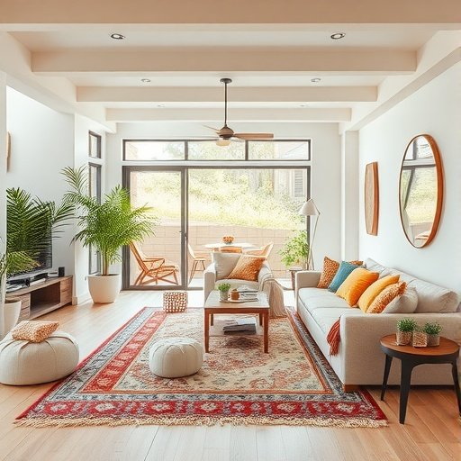 A cozy open-concept living room featuring layered textures with cushions, a rug, and plants.