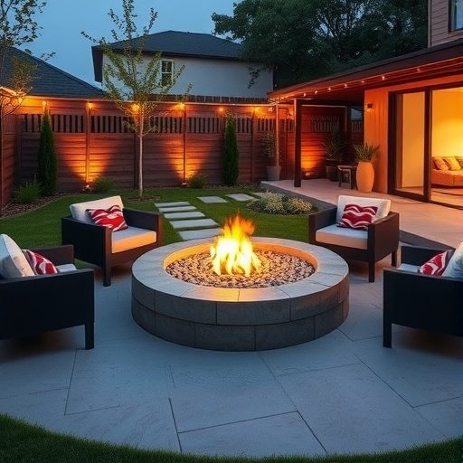 A modern circular fire pit surrounded by seating in a backyard setting