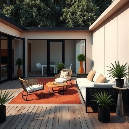 A modern minimalist outdoor patio with simple furniture and greenery.