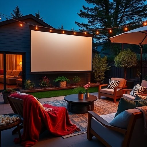 A cozy outdoor movie setup with a screen, seating, and string lights in a patio.