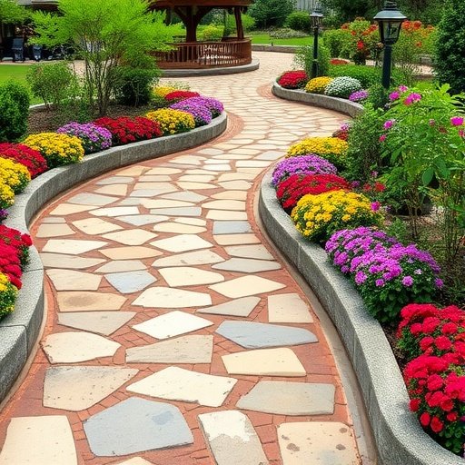 Curved stone pathway surrounded by colorful flowers in a garden