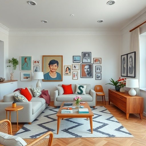 A cozy open-concept living room with personalized decor, including art on the walls and colorful cushions on the sofas.