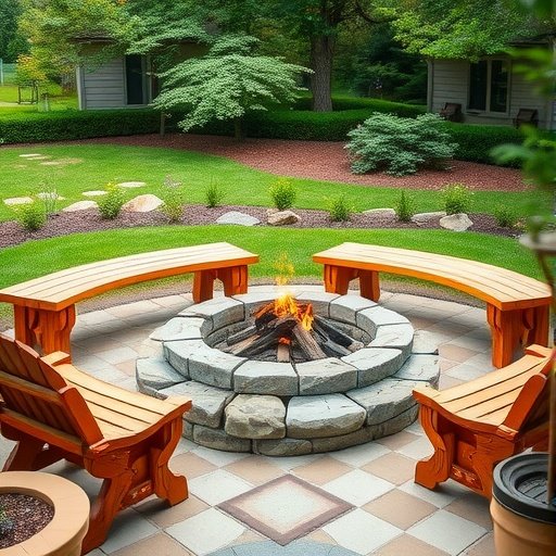 A rustic stone fire pit surrounded by wooden seating in a backyard setting.