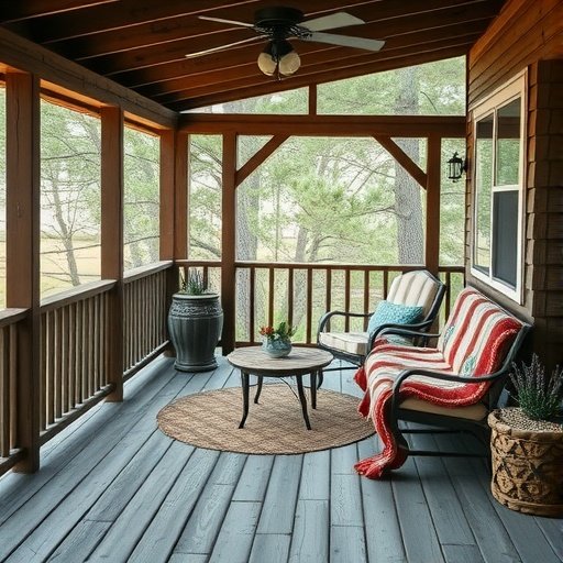 Cozy rustic wooden deck with seating and a round rug.