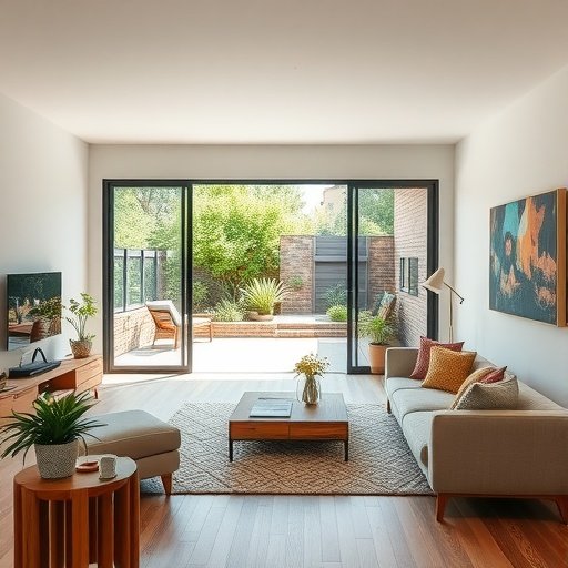 Bright open-concept living room with a view of green outdoor space.