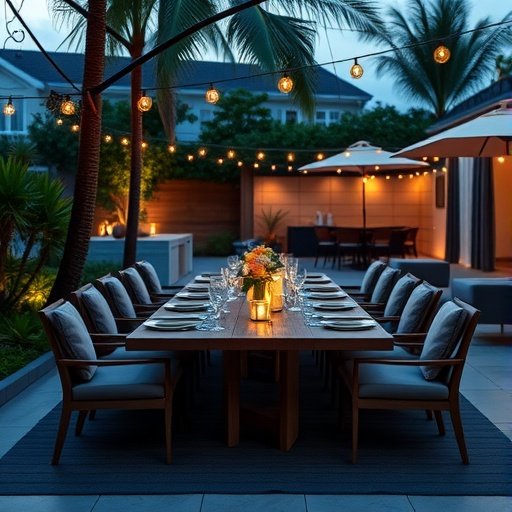 An outdoor patio dining area with a long wooden table, comfortable chairs, and string lights overhead.