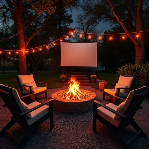 A cozy fire pit area with chairs, a fire burning, and a movie screen set up in a backyard at night.