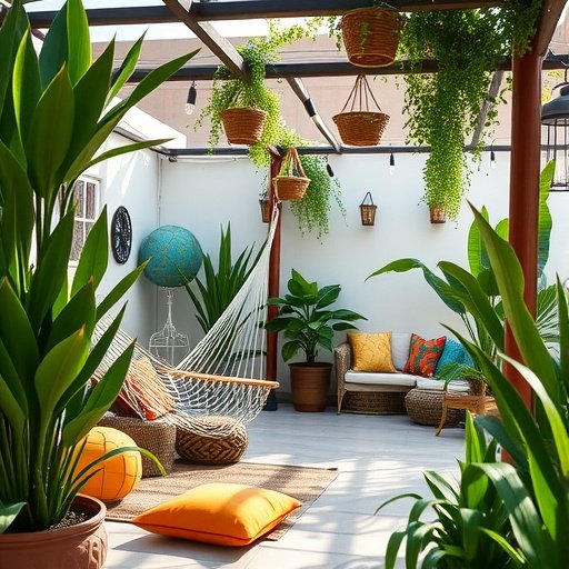 Cozy outdoor patio with lush green plants and colorful cushions.