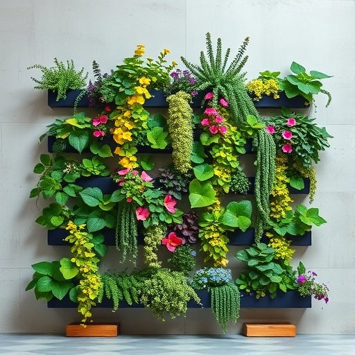 A vertical garden filled with various green plants and colorful flowers.
