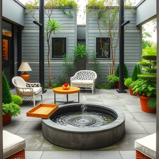 An inviting outdoor patio featuring a circular water fountain, potted plants, and comfortable seating.