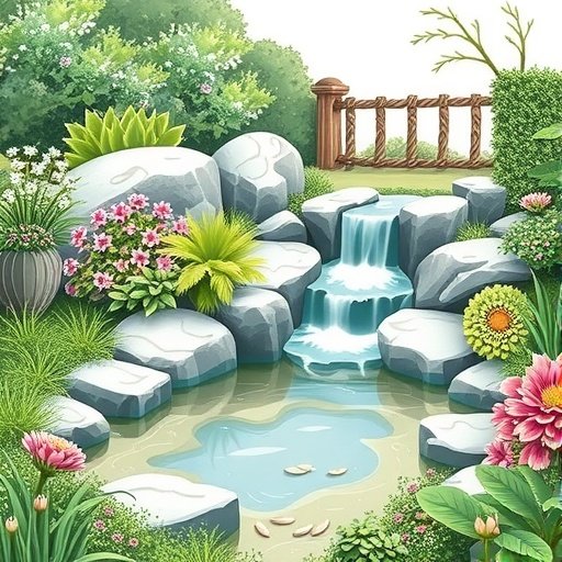 A serene garden with a small waterfall and pond surrounded by rocks and plants.