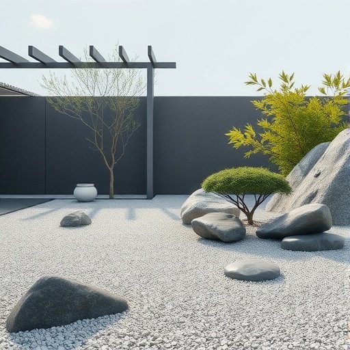 A serene zen garden with gravel, rocks, and greenery